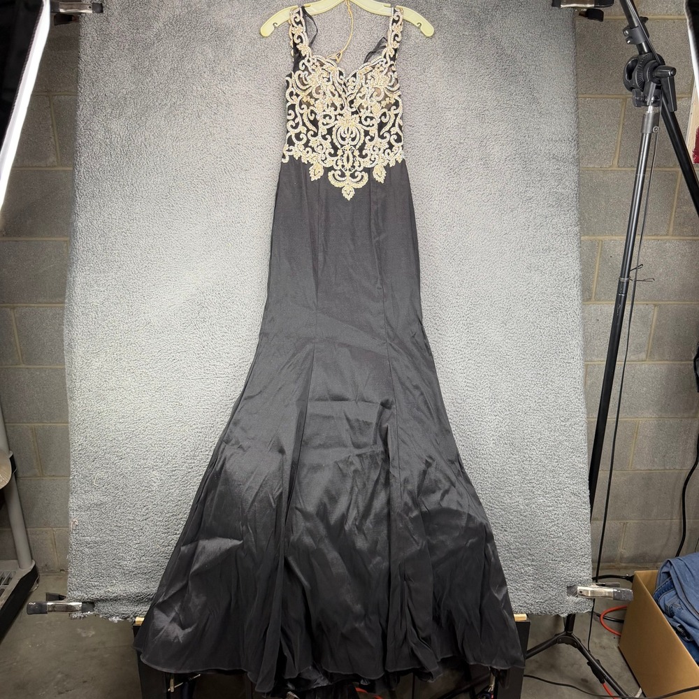 Black Gold‎ Embroidered Rhinestone Mermaid Formal Evening Gown Dress Womens